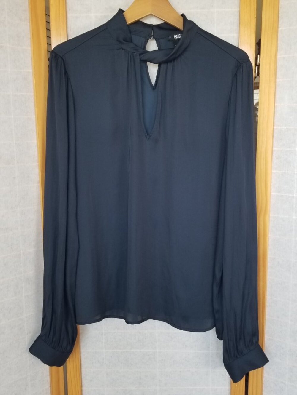 Paige Blue Satin Blouse XL Ceres Long Sleeve Silky Top Chic Office Dark Navy